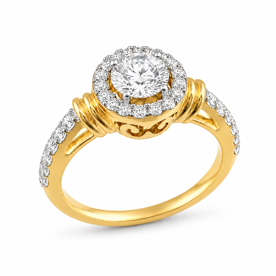Round Cut Diamond Halo Ring with Textured Shank