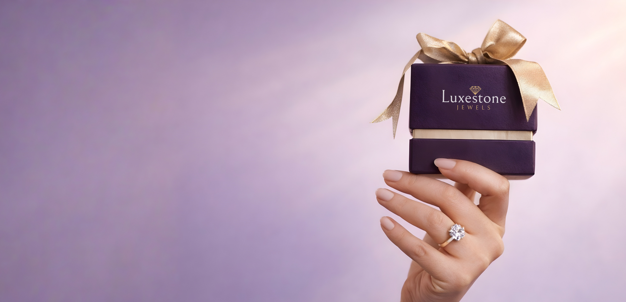 Hand holding a Luxestone jewelry box with a ring on a purple background