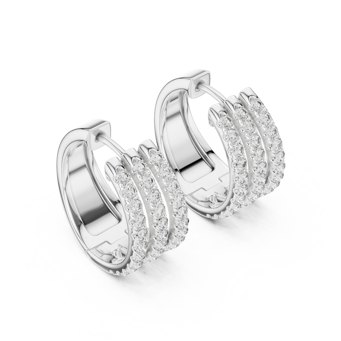 Tri-Row Diamond Huggie Hoop Earrings