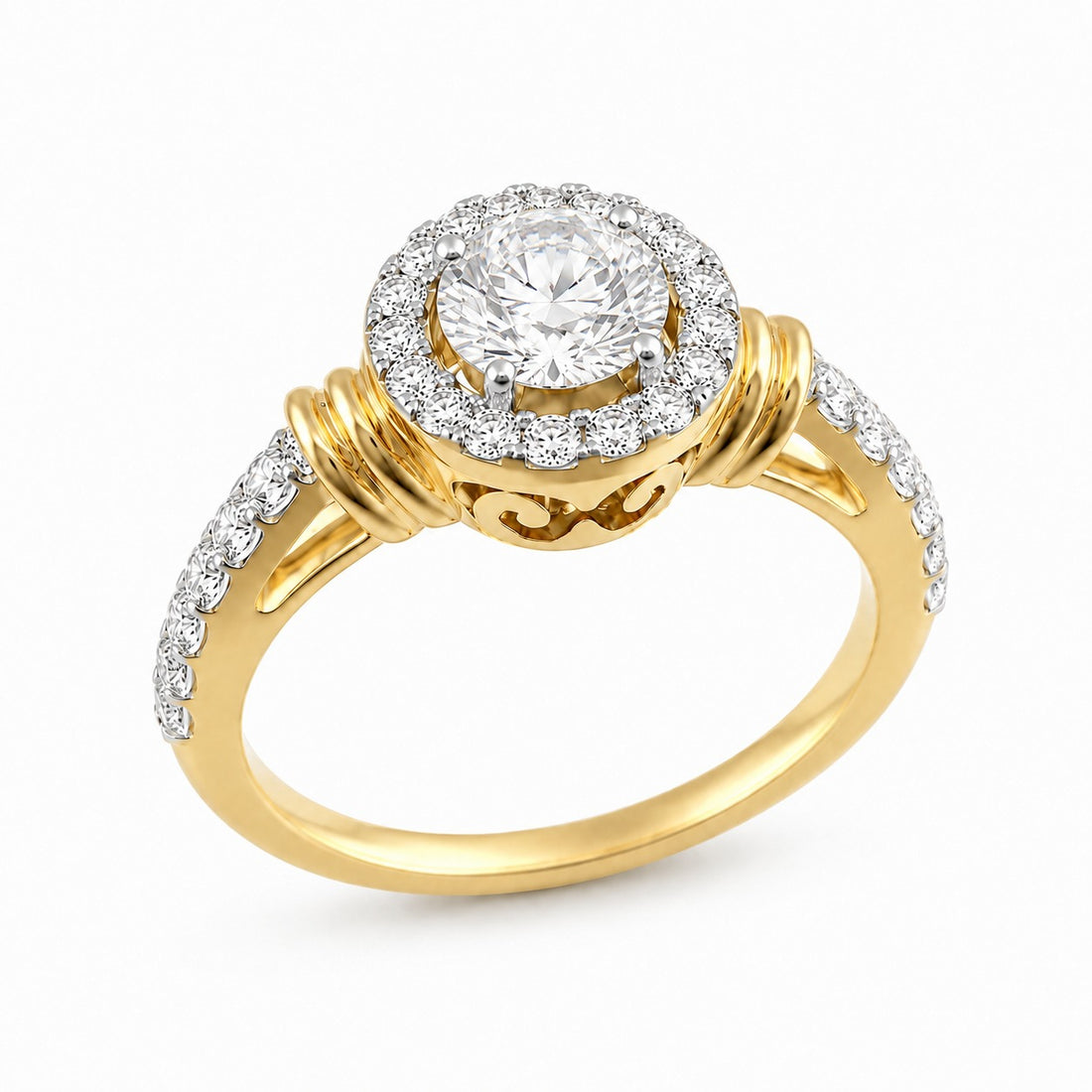 Round Cut Diamond Halo Ring with Textured Shank